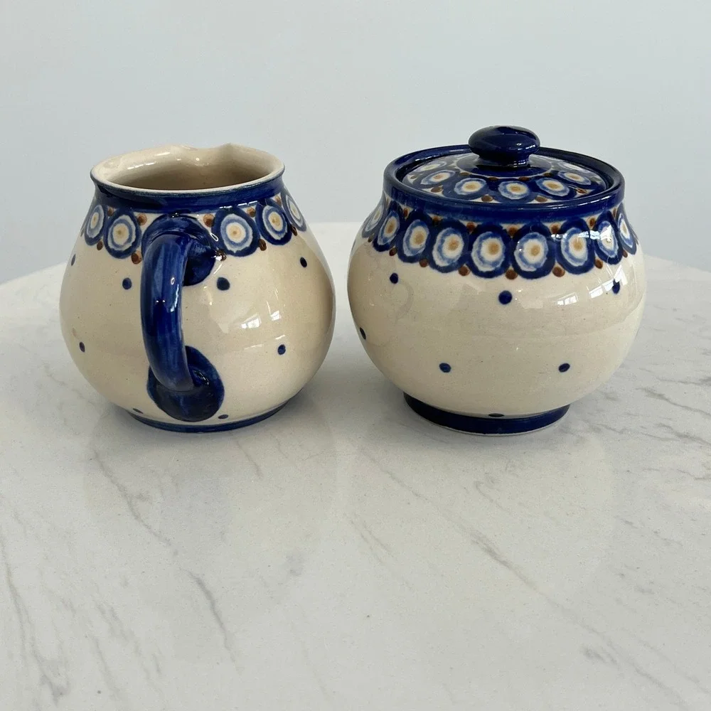 Vtg German‎ Pottery Creamer Pitcher Sugar Bowl Polish Pottery Style Hand Painted